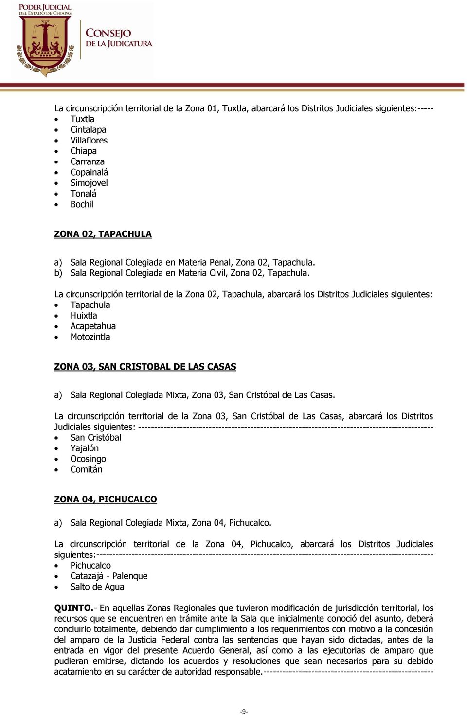 La circunscripción territorial de la Zona 02, Tapachula, abarcará los Distritos Judiciales siguientes: Tapachula Huixtla Acapetahua Motozintla ZONA 03, SAN CRISTOBAL DE LAS CASAS a) Sala Regional