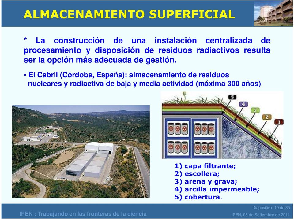 El Cabril (Córdoba, España): almacenamiento de residuos nucleares y radiactiva de baja y media actividad (máxima 300 años)