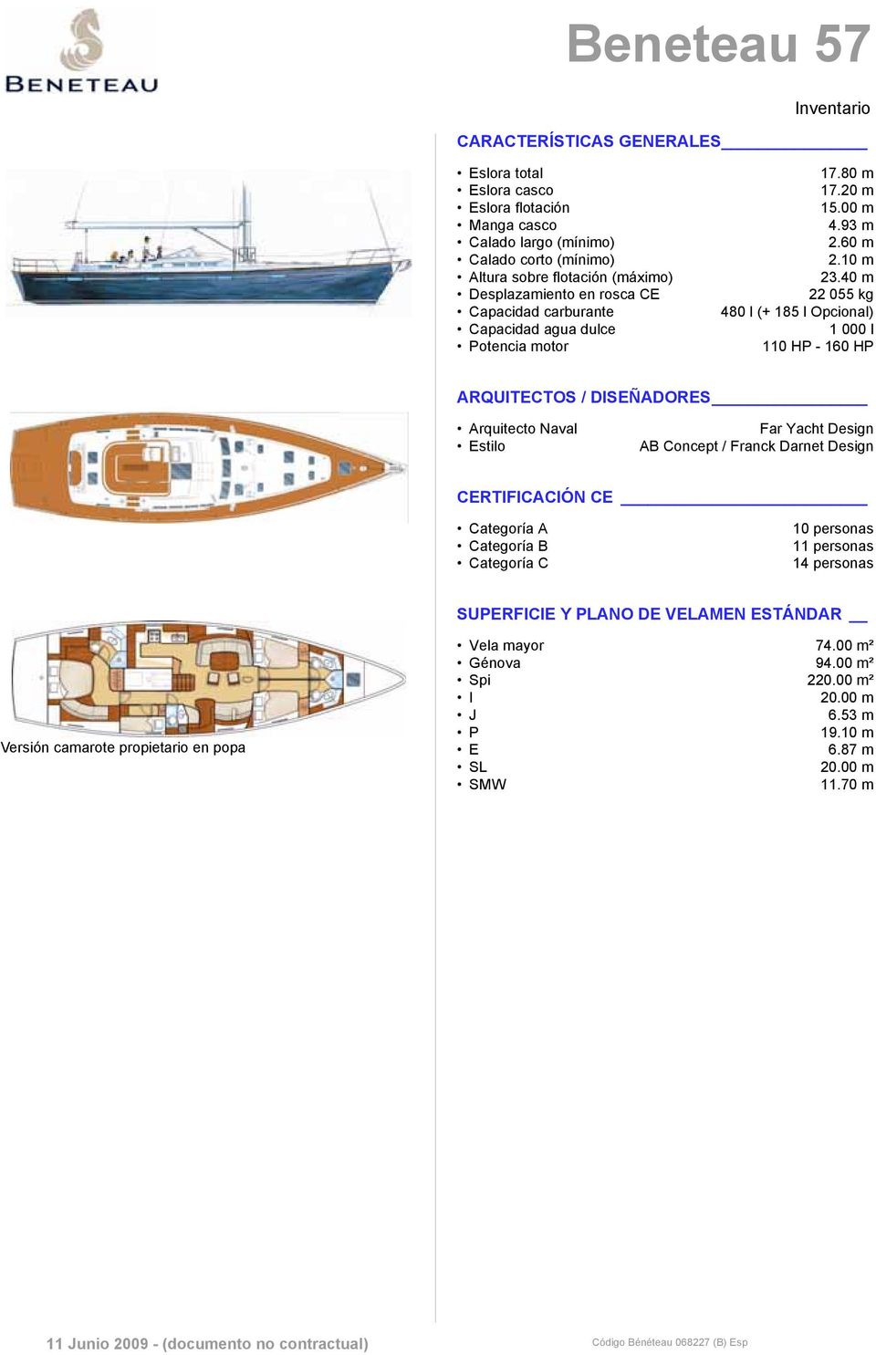 40 m 22 055 kg 480 l (+ 185 l Opcional) 1 000 l 110 HP - 160 HP ARQUITECTOS / DISEÑADORES Arquitecto Naval Estilo Far Yacht Design AB Concept / Franck Darnet Design CERTIFICACIÓN CE