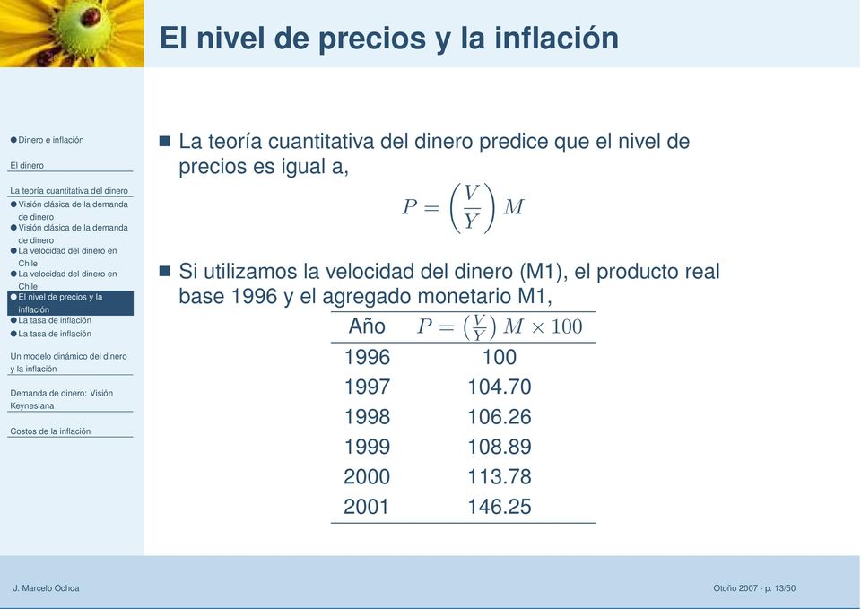 de precios es igual a, ( ) V P = M Y Si utilizamos la velocidad del (M1), el producto real base 1996 y el agregado monetario M1,