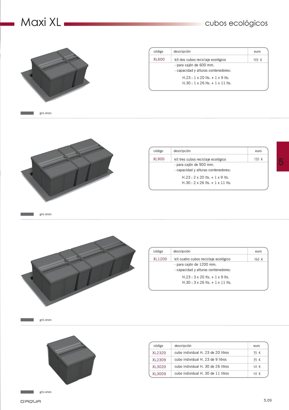 gris orion XL1200 kit cuatro cubos reciclaje ecológico para cajón de 1200 mm. capacidad y alturas contenedores: H.23 : 3 x 20 lts. + 1 x 9 lts. H.30 : 3 x 26 lts. + 1 x 11 lts.