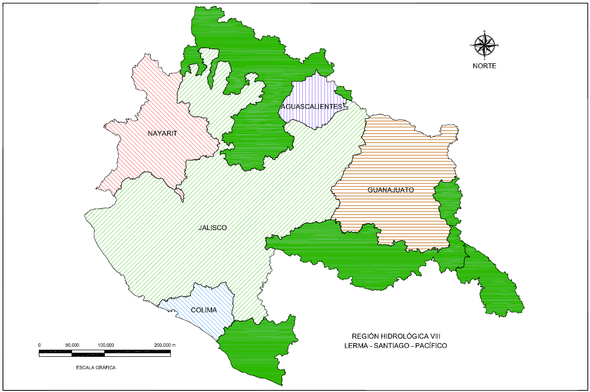 Figura III-2 Región Hidrológica Lerma-Santiago-Pacífico con Señalamiento de los Estados Íntegros que se Ubican en la Misma. III.1.1 Cuencas en la Región VIII Lerma Santiago Pacífico.