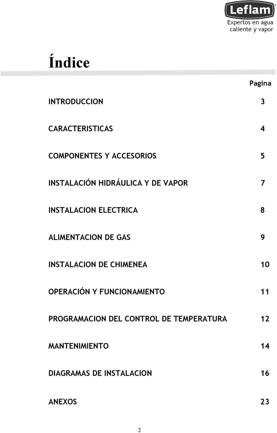 GAS 9 INSTALACION DE CHIMENEA 10 OPERACIÓN Y FUNCIONAMIENTO 11 PROGRAMACION