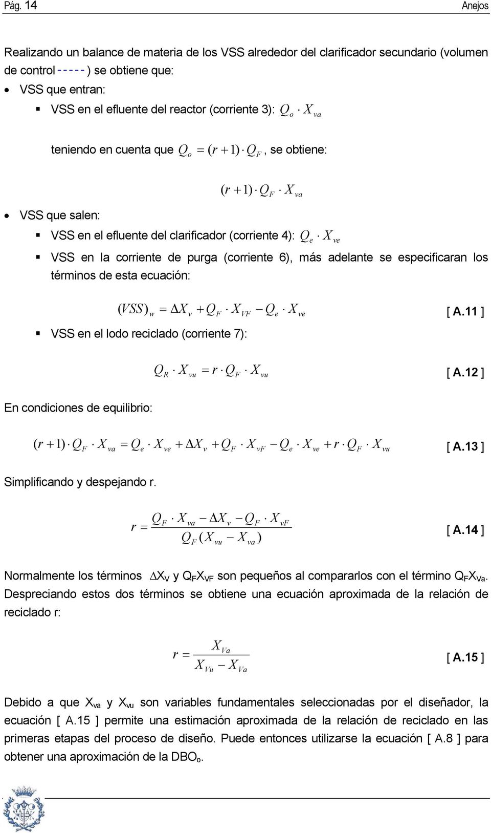 especificaran los términos de esta ecuación: e ve ( VSS) w X v + Q V Qe ve [ A.11 ] VSS en el lodo reciclado (corriente 7): Q R vu r Q vu [ A.