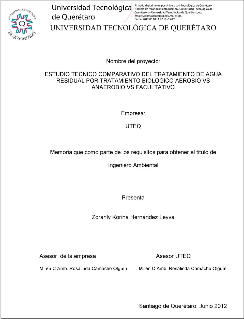 requisitos para obtener el titulo de Ingeniero Ambiental Presenta Zoranly Korina Hernández Leyva Asesor de la