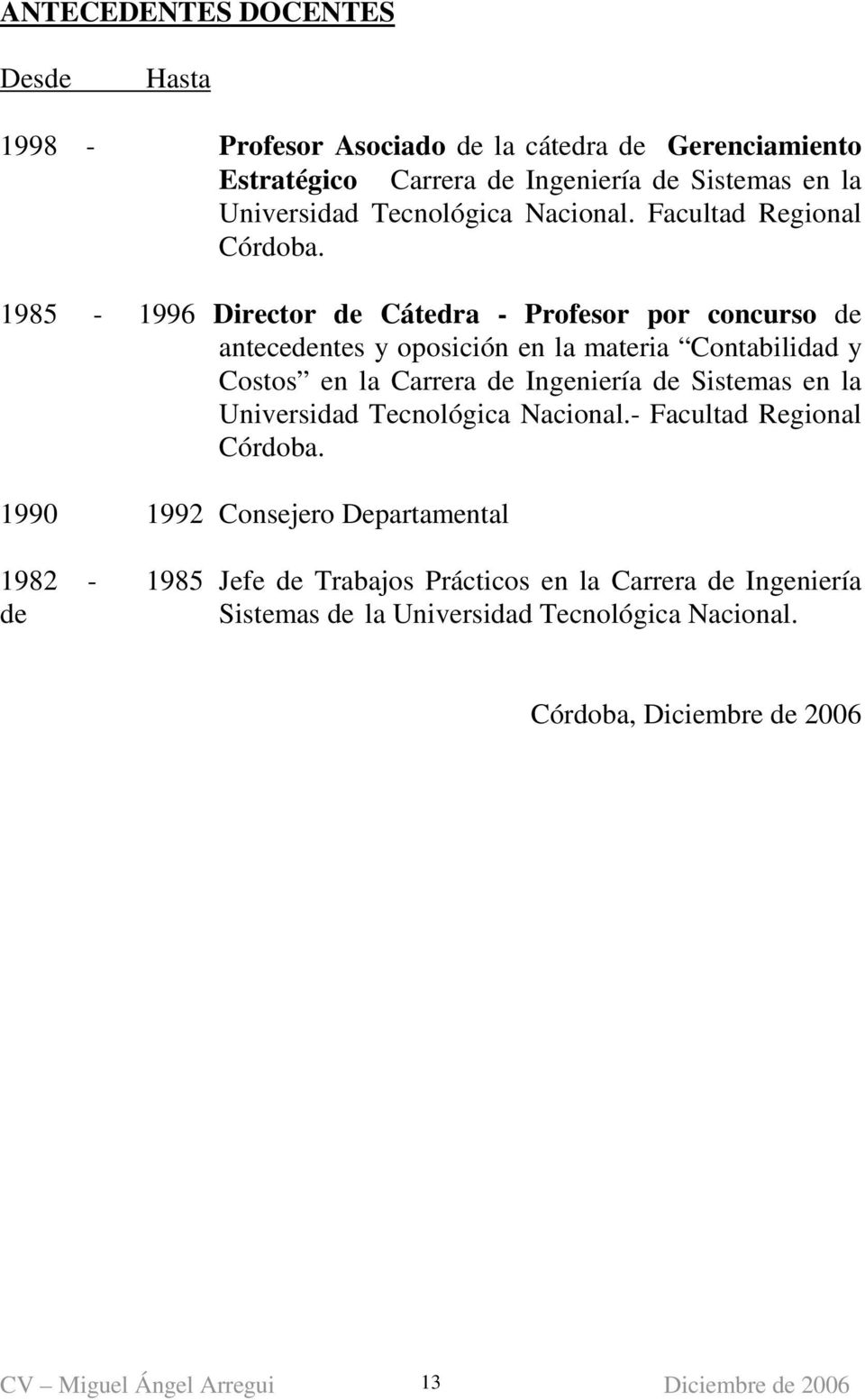 1985-1996 Director de Cátedra - Profesor por concurso de antecedentes y oposición en la materia Contabilidad y Costos en la Carrera de Ingeniería de