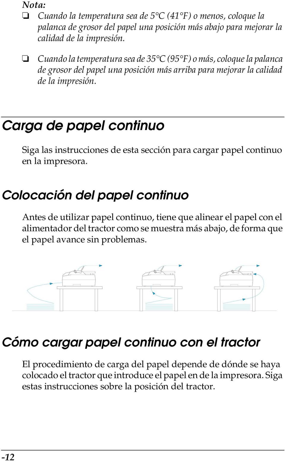 Carga de papel continuo Siga las instrucciones de esta sección para cargar papel continuo en la impresora.