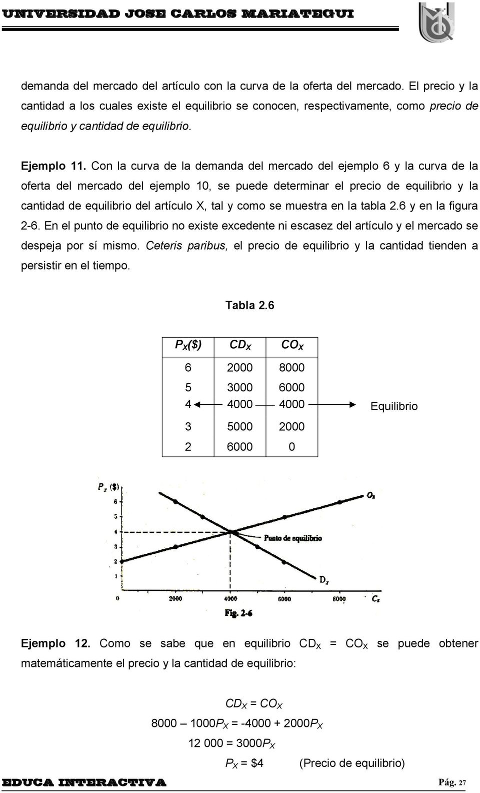 Con la curva de la demanda del mercado del ejemplo 6 y la curva de la oferta del mercado del ejemplo 10, se puede determinar el precio de equilibrio y la cantidad de equilibrio del artículo X, tal y