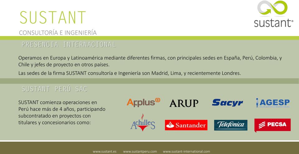 Las sedes de la firma SUSTANT consultoría e Ingeniería son Madrid, Lima, y recientemente Londres.