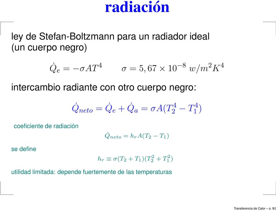 = 5, 67 10 8 w/m 2 K 4 intercambio radiante con otro cuerpo negro: Q neto = Q e + Q a = σa(t