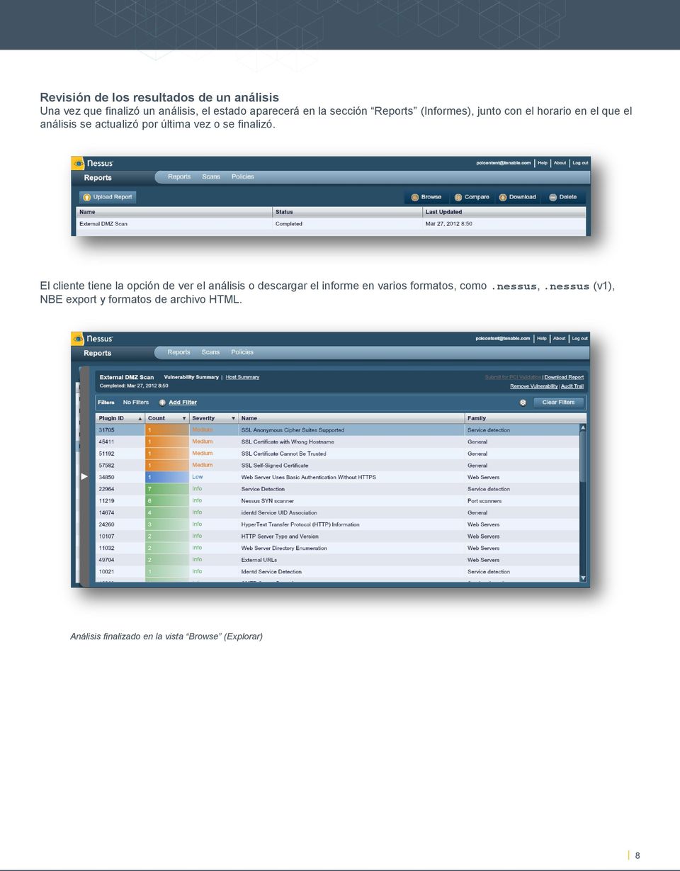 finalizó. El cliente tiene la opción de ver el análisis o descargar el informe en varios formatos, como.