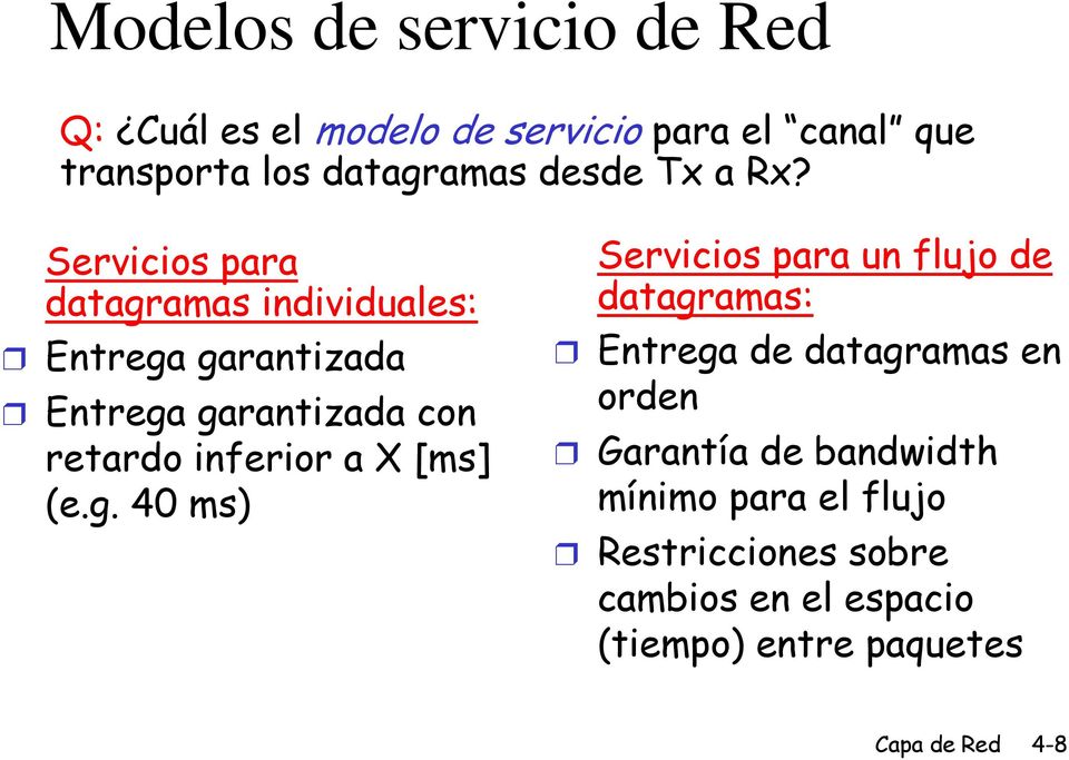 Servicios para datagramas individuales: Entrega garantizada Entrega garantizada con retardo inferior a X