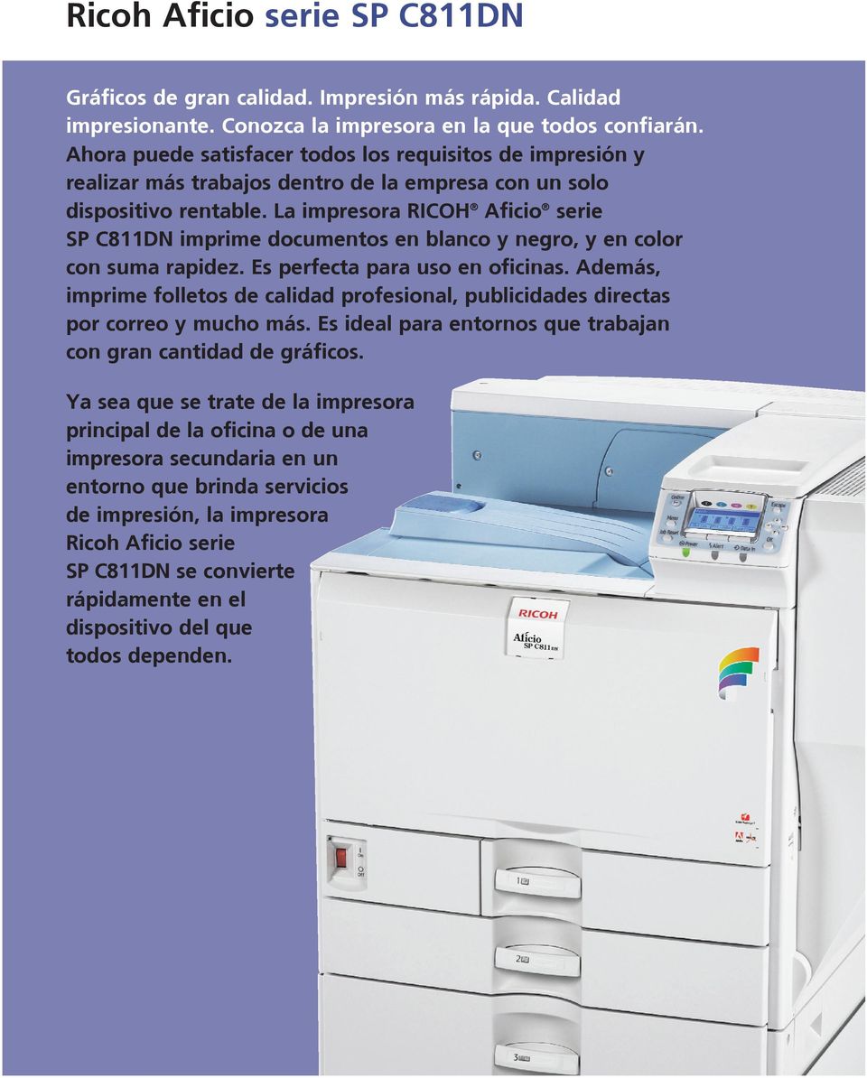 La impresora RICOH Aficio serie imprime documentos en blanco y negro, y en color con suma rapidez. Es perfecta para uso en oficinas.