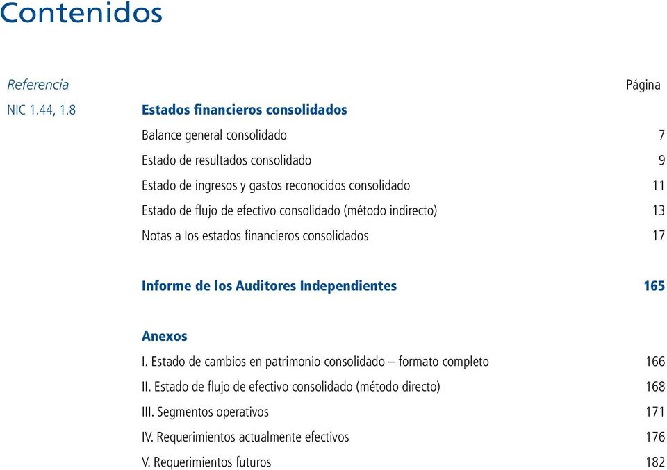 Estado de flujo de efectivo consolidado (método indirecto) Notas a los estados financieros consolidados 7 Informe de los Auditores Independientes 165 Anexos I.