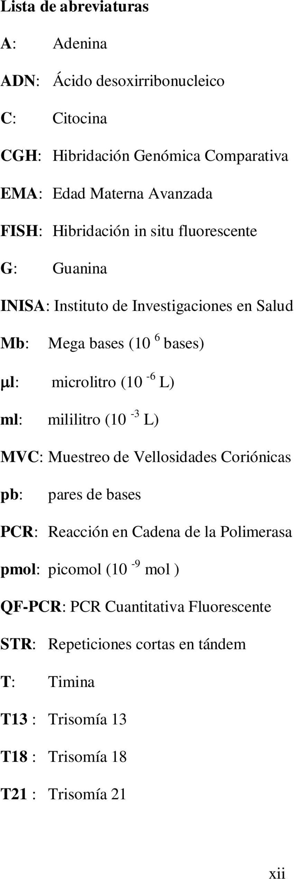 L) ml: mililitro (10-3 L) MVC: Muestreo de Vellosidades Coriónicas pb: pares de bases PCR: Reacción en Cadena de la Polimerasa pmol: picomol