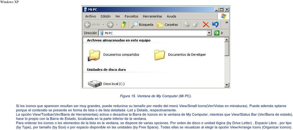 La opción View/Toolbar(Ver/Barra de Herramientas) activa o desactiva la Barra de Iconos en la ventana de My Computer, mientras que View/Status Bar (Ver/Barra de estado), hace lo propio con la Barra