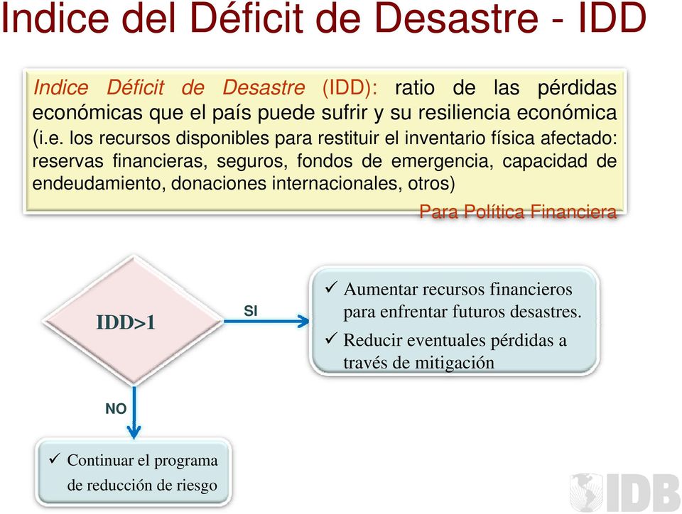 de emergencia, capacidad de endeudamiento, donaciones internacionales, otros) Para Política Financiera IDD>1 SI Aumentar recursos