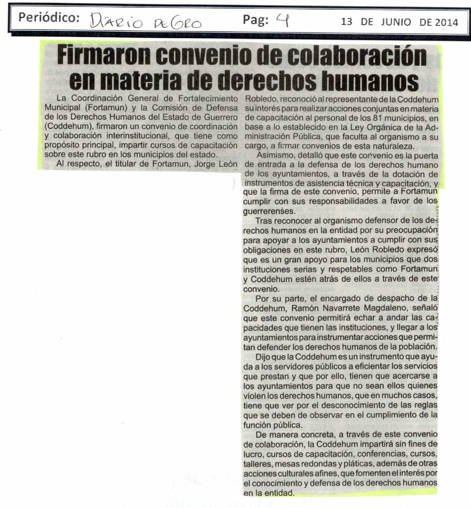 Defensa de los Derechos Humanos del Estado de Guerrero (Coddehum), firmaron un convenio de coordinación y colaboración interinstitucional, que tiene como propósito principal, impartir cursos de