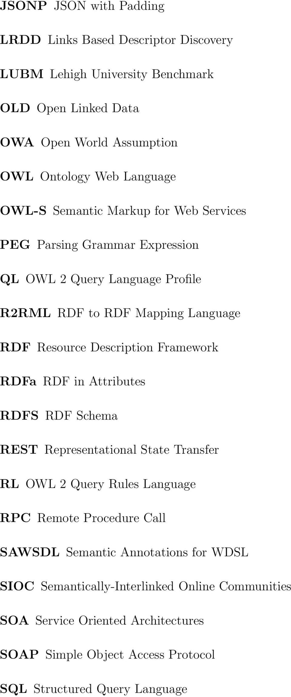 Description Framework RDFa RDF in Attributes RDFS RDF Schema REST Representational State Transfer RL OWL 2 Query Rules Language RPC Remote Procedure Call SAWSDL