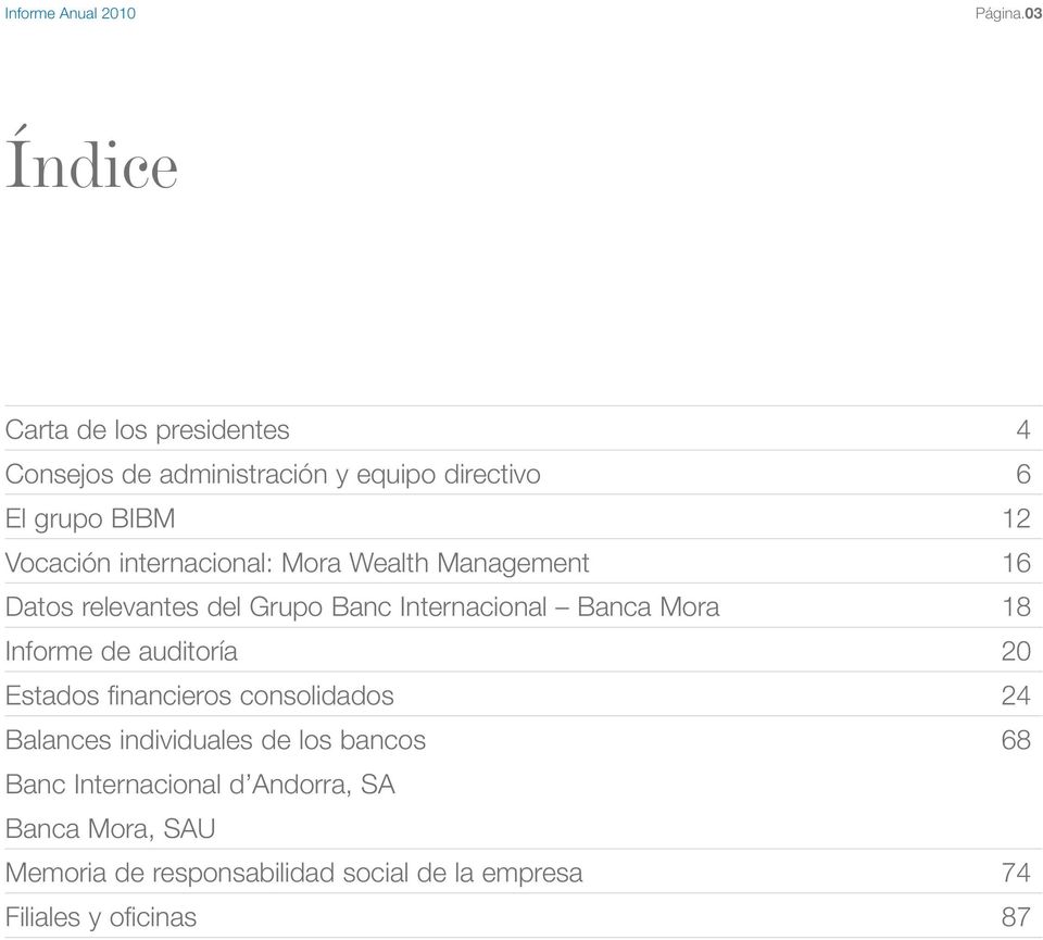internacional: Mora Wealth Management 16 Datos relevantes del Grupo Banc Internacional Banca Mora 18 Informe de