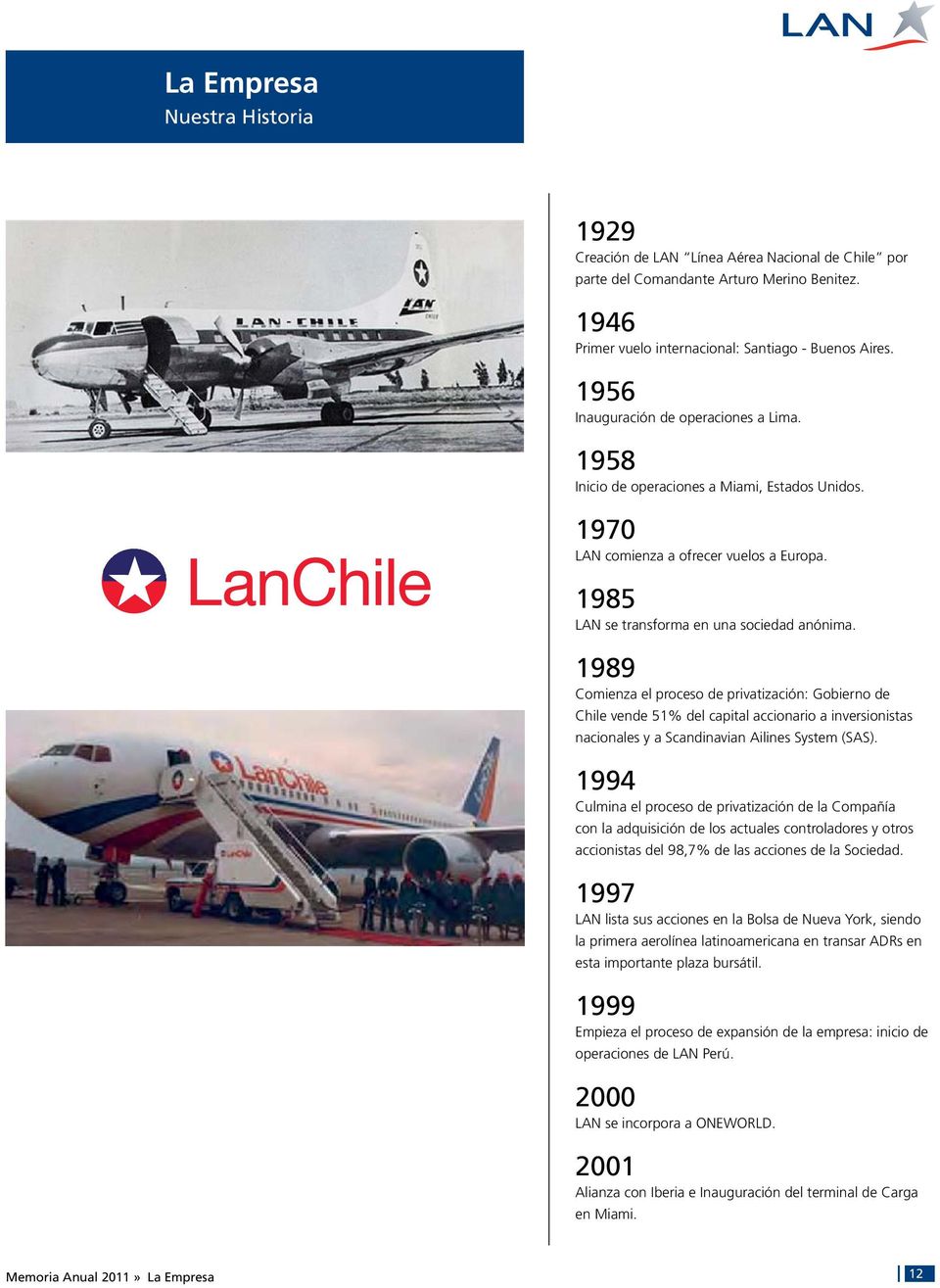 1989 Comienza el proceso de privatización: Gobierno de Chile vende 51% del capital accionario a inversionistas nacionales y a Scandinavian Ailines System (SAS).