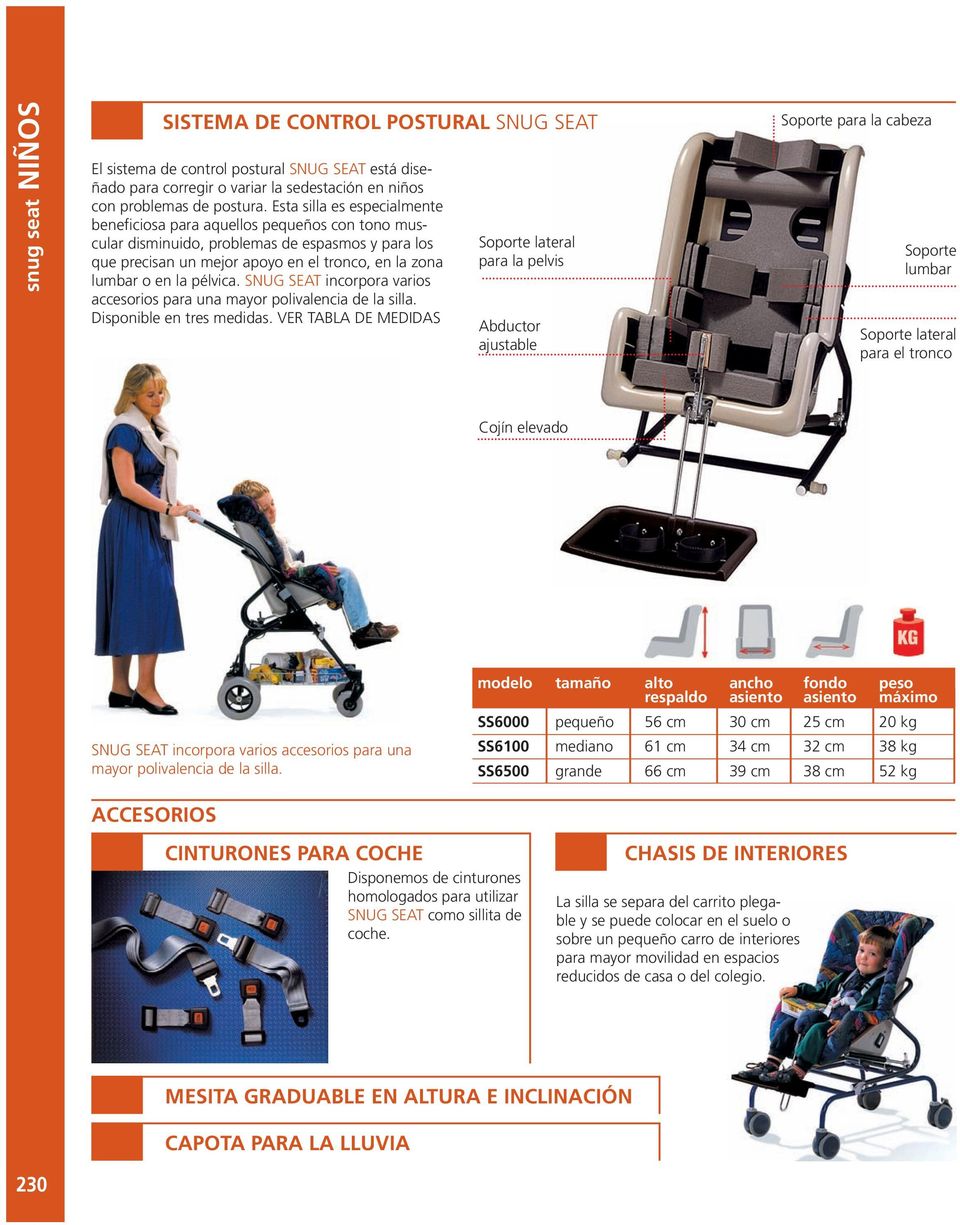 pélvica. SNUG SEAT incorpora varios accesorios para una mayor polivalencia de la silla. Disponible en tres medidas.