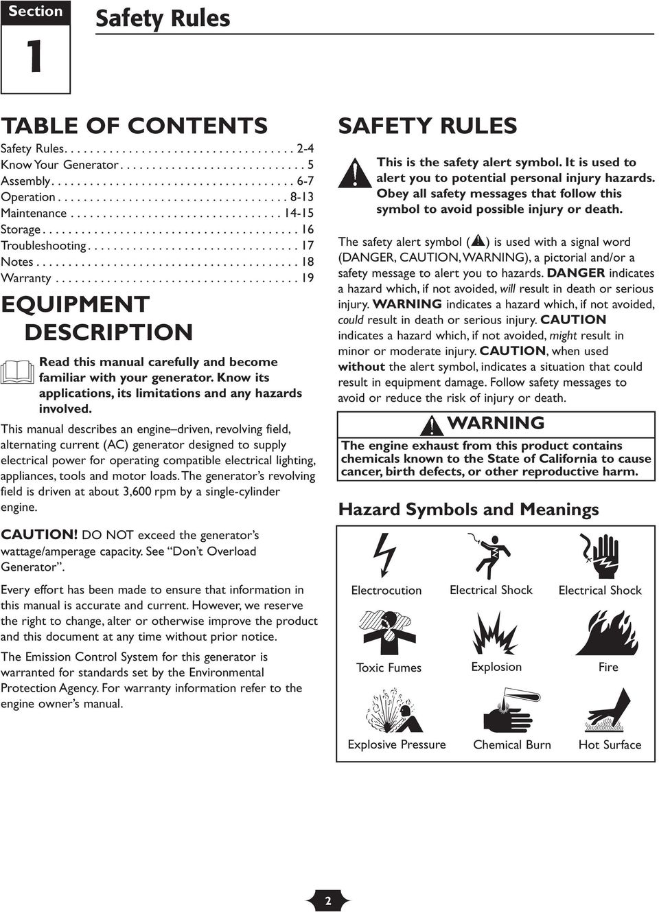 ........................................ 18 Warranty...................................... 19 EQUIPMENT DESCRIPTION Read this manual carefully and become familiar with your generator.