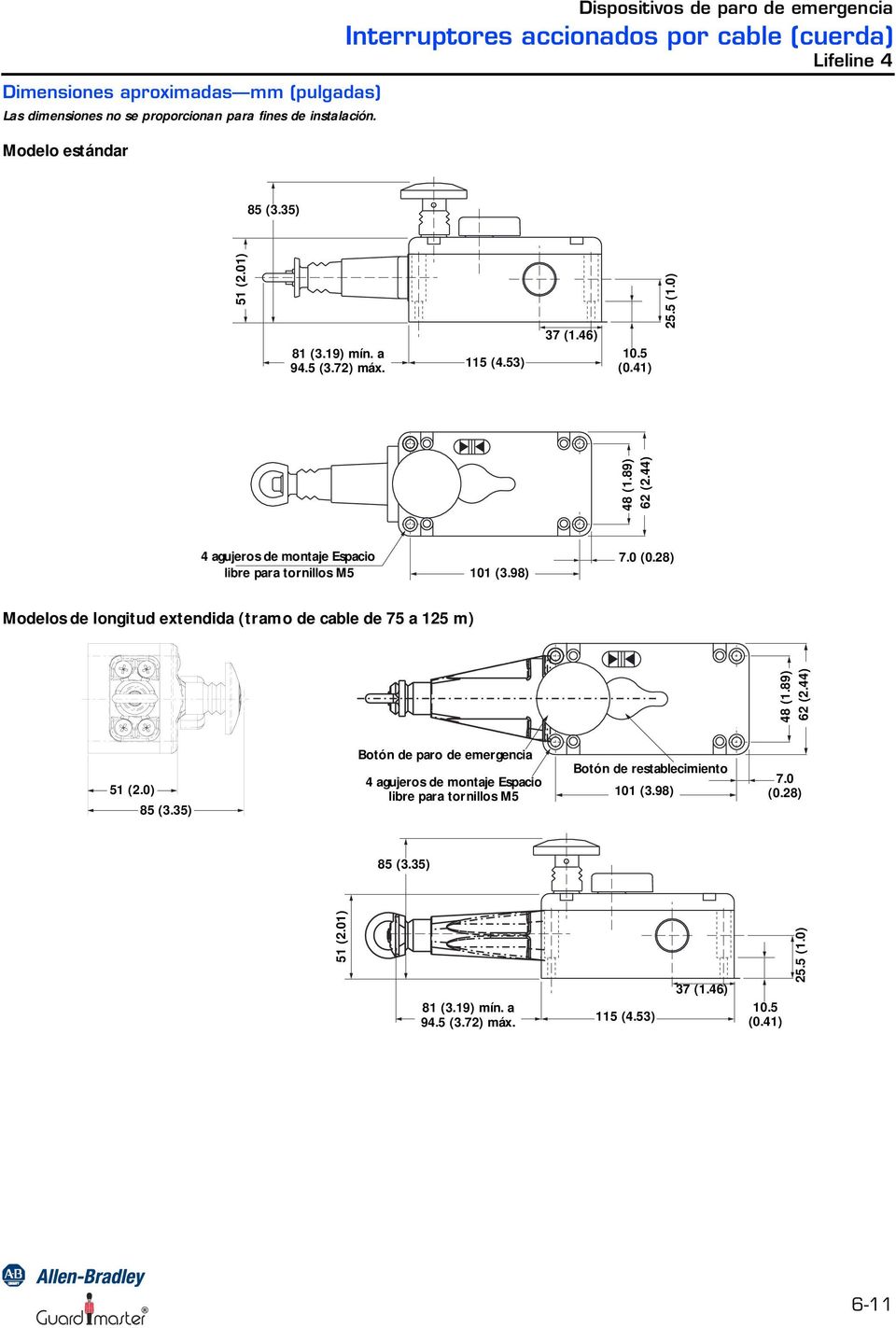 0) 4 agujeros de montaje Espacio libre para tornillos M5 101 (3.98) 7.0 (0.28) Modelos de longitud extendida (tramo de de 75 a 125 m) 48 (1.89) 62 (2.44) 51 (2.0) 85 (3.