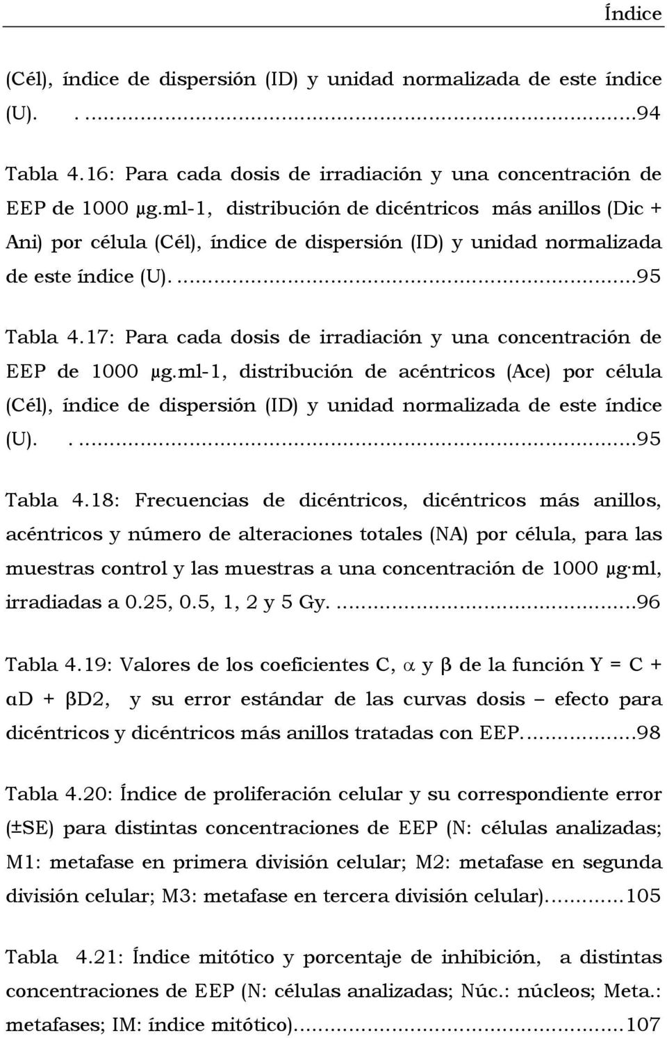 17: Para cada dosis de irradiación y una concentración de EEP de 1000 µg.ml-1, distribución de acéntricos (Ace) por célula (Cél), índice de dispersión (ID) y unidad normalizada de este índice (U). ab.