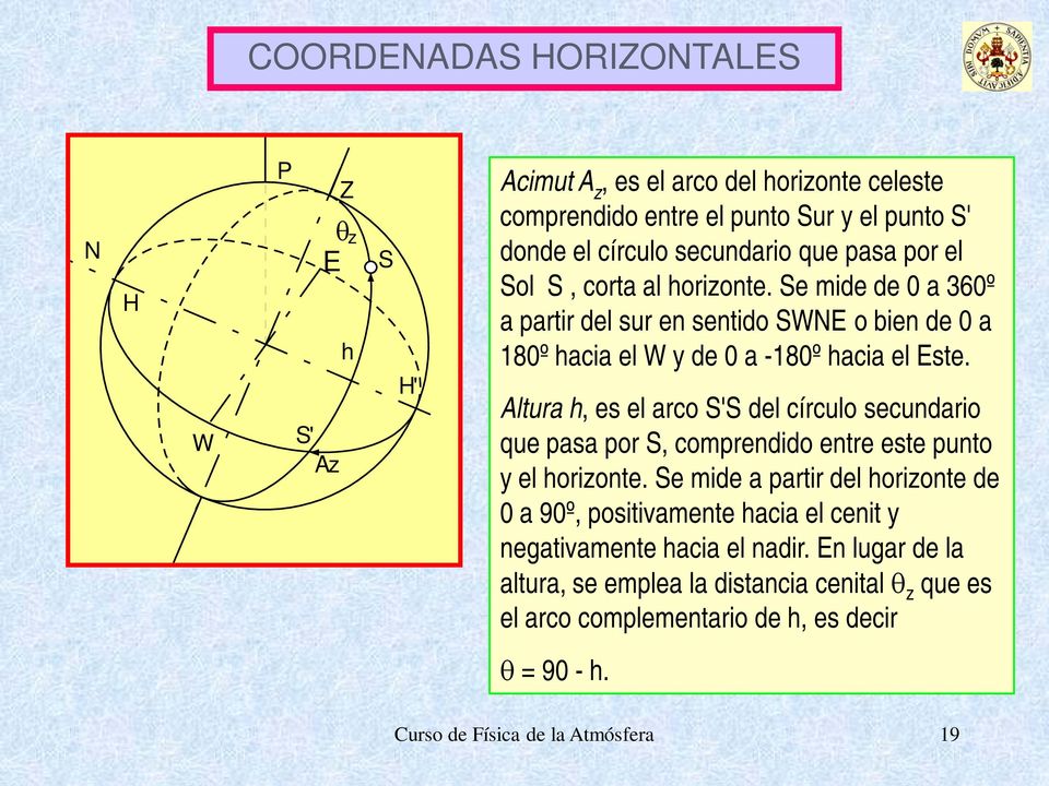 Altura h, es el arco S'S del círculo secundario que pasa por S, comprendido entre este punto y el horizonte.