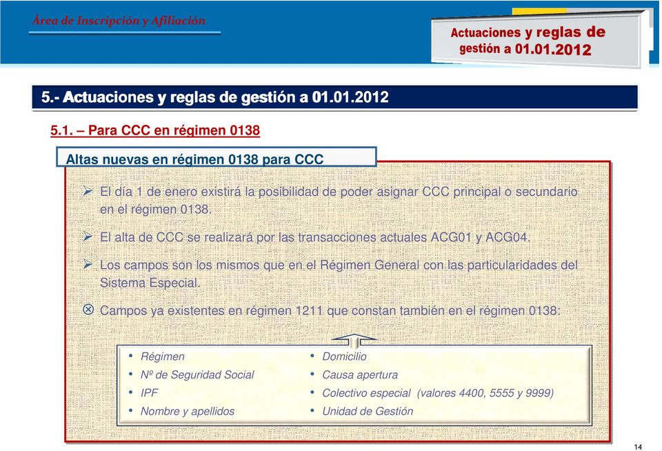 secundario en el régimen 0138. El alta de CCC se realizará por las transacciones actuales ACG01 y ACG04.