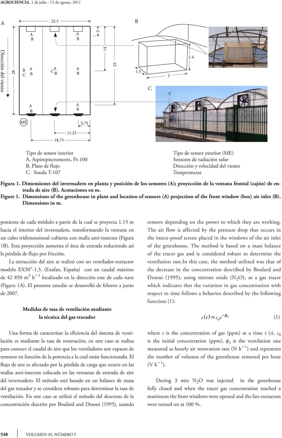 Dimensiones del invernadero en planta y posición de los sensores (A); proyección de la ventana frontal (cajón) de entrada de aire (B). Acotaciones en m. Figure 1.