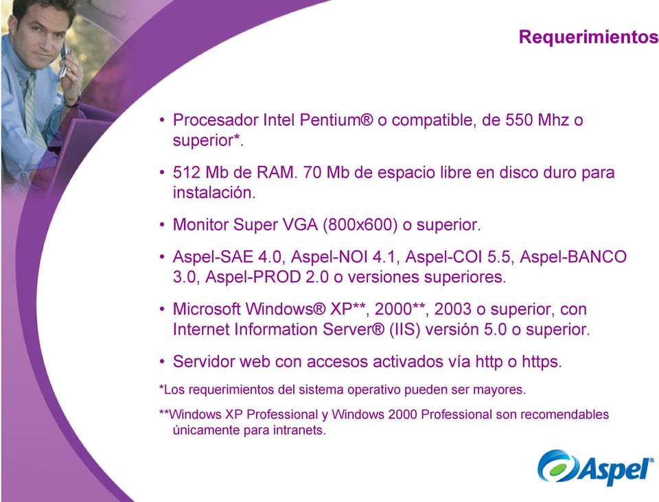 Microsoft Windows XP**, 2000**, 2003 o superior, con Internet Information Server (IIS) versión 5.0 o superior.