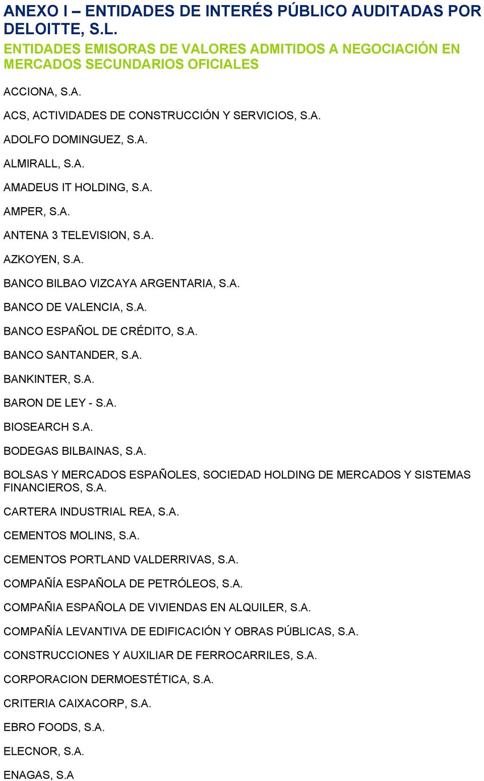 A. BANCO SANTANDER, S.A. BANKINTER, S.A. BARON DE LEY - S.A. BIOSEARCH S.A. BODEGAS BILBAINAS, S.A. BOLSAS Y MERCADOS ESPAÑOLES, SOCIEDAD HOLDING DE MERCADOS Y SISTEMAS FINANCIEROS, S.A. CARTERA INDUSTRIAL REA, S.