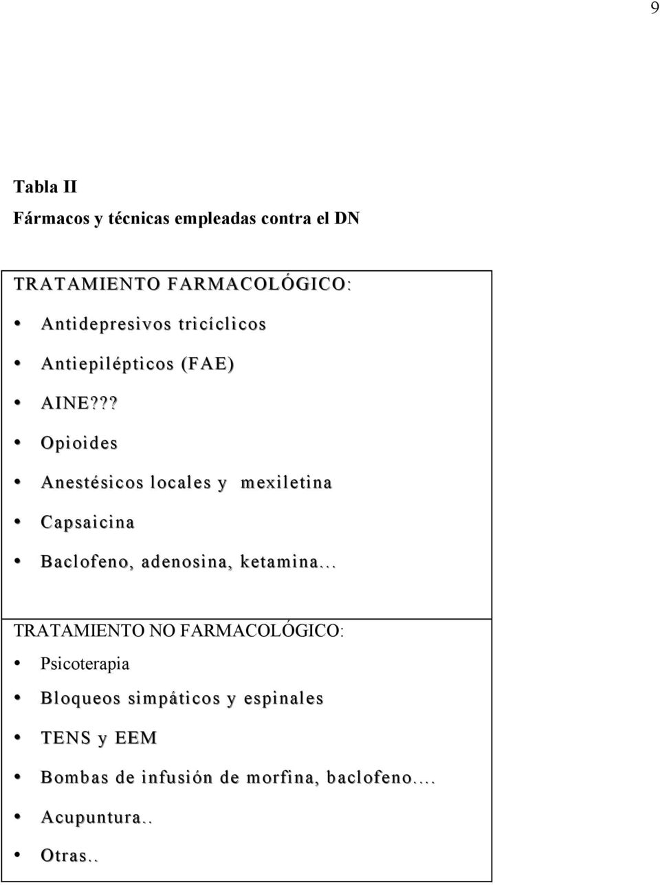 ?? Opioides Anestésicos locales y mexiletina Capsaicina Baclofeno, adenosina, ketamina.