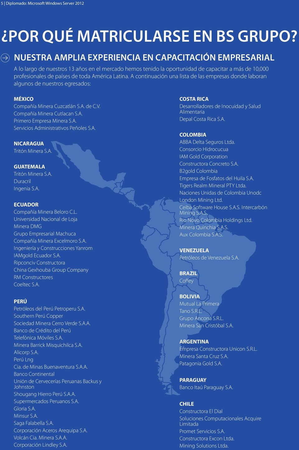 Latina. A continuación una lista de las empresas donde laboran algunos de nuestros egresados: MÉXICO Compañía Minera Cuzcatlán S.A. de C.V. Compañía Minera Cutlacan S.A. Primero Empresa Minera S.A. Servicios Administrativos Peñoles S.