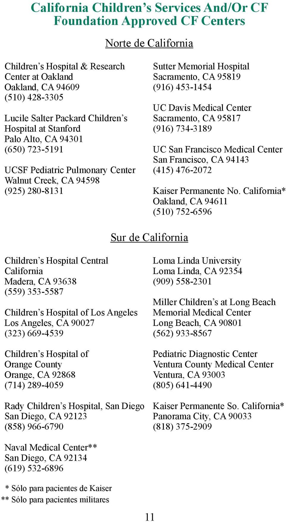 UC Davis Medical Center Sacramento, CA 95817 (916) 734-3189 UC San Francisco Medical Center San Francisco, CA 94143 (415) 476-2072 Kaiser Permanente No.