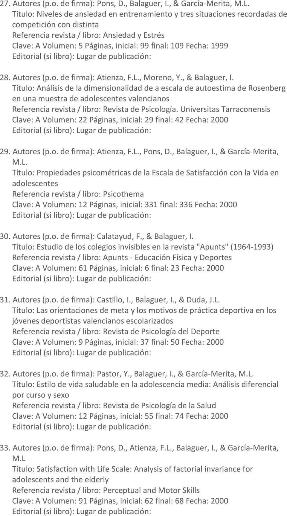 109 Fecha: 1999 28. Autores (p.o. de firma): Atienza, F.L., Moreno, Y., & Balaguer, I.