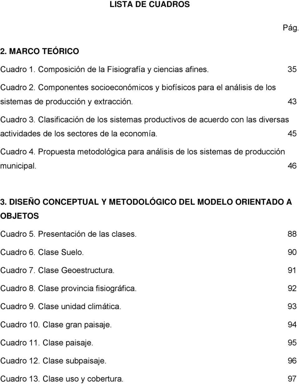 Clasificación de los sistemas productivos de acuerdo con las diversas actividades de los sectores de la economía. 45 Cuadro 4.