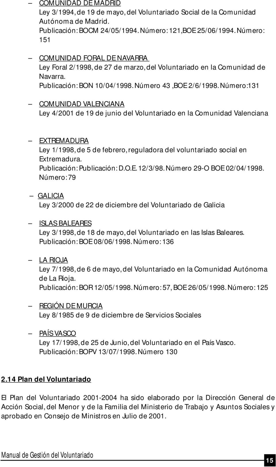 Número:131 COMUNIDAD VALENCIANA Ley 4/2001 de 19 de junio del Voluntariado en la Comunidad Valenciana EXTREMADURA Ley 1/1998, de 5 de febrero, reguladora del voluntariado social en Extremadura.