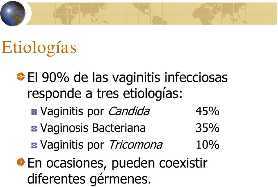 45% Vaginosis Bacteriana 35% Vaginitis por