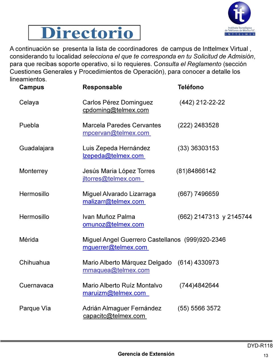 Campus Responsable Teléfono Celaya Carlos Pérez Dominguez (442) 212-22-22 cpdoming@telmex.com Puebla Marcela Paredes Cervantes (222) 2483528 mpcervan@telmex.