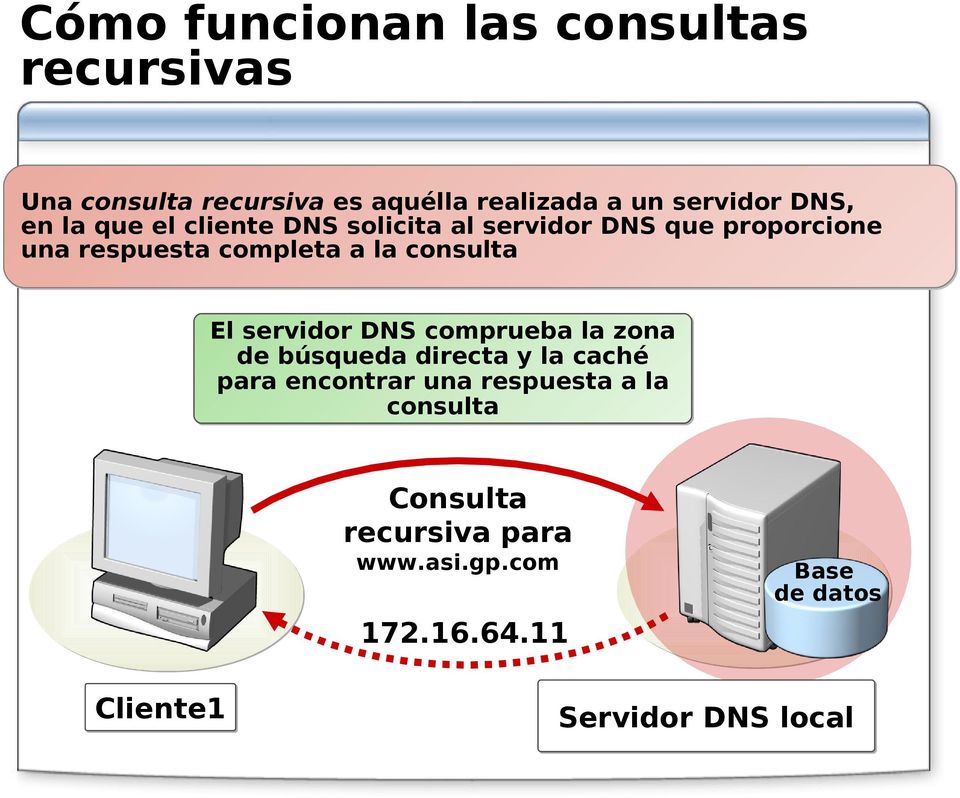 consulta El servidor DNS comprueba la zona de búsqueda directa y la caché para encontrar una