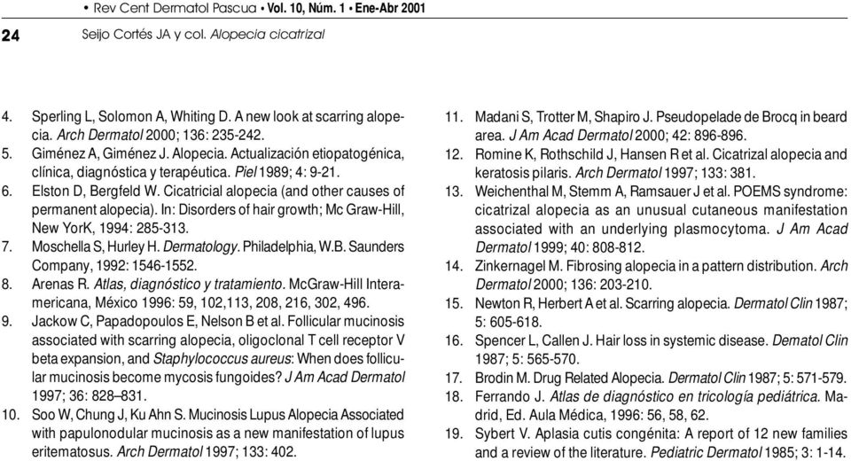 In: Disorders of hair growth; Mc Graw-Hill, New YorK, 1994: 285-313. 7. Moschella S, Hurley H. Dermatology. Philadelphia, W.B. Saunders Company, 1992: 1546-1552. 8. Arenas R.