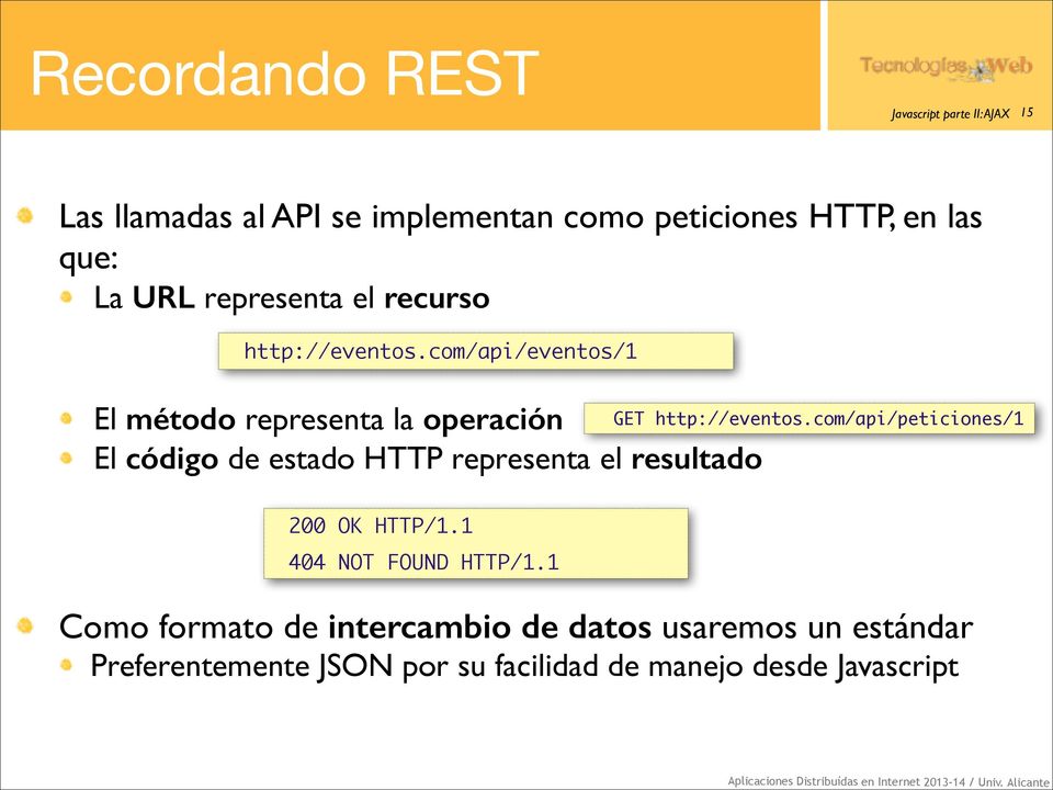 com/api/eventos/1 El método representa la operación El código de estado HTTP representa el resultado 200 OK HTTP/1.