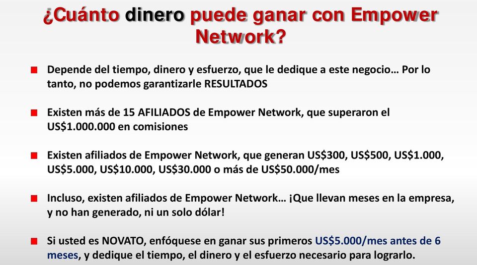 Network, que superaron el US$1.000.000 en comisiones Existen afiliados de Empower Network, que generan US$300, US$500, US$1.000, US$5.000, US$10.000, US$30.