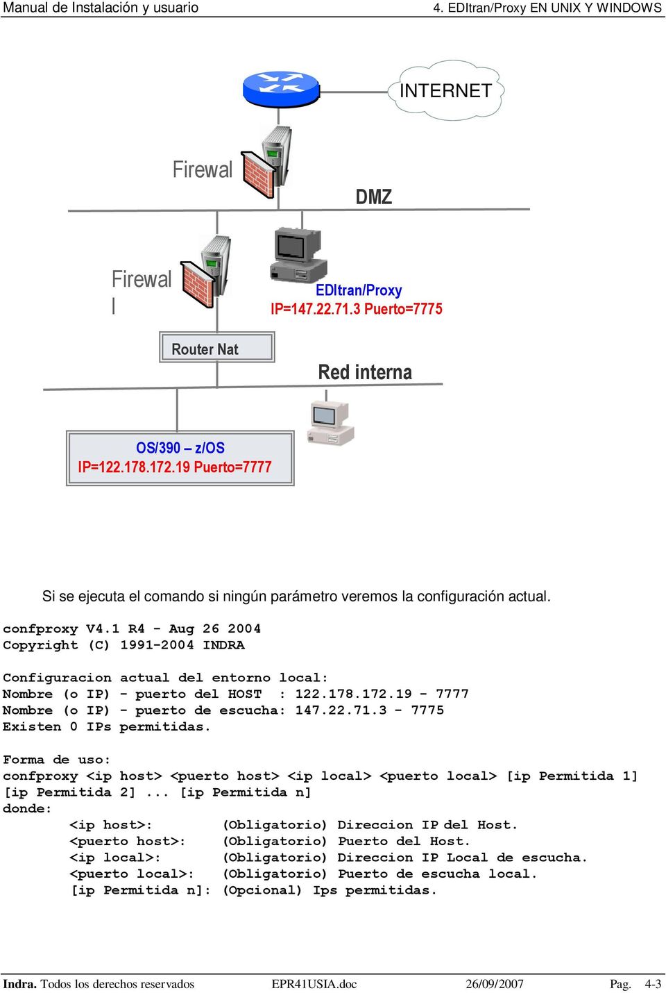 1 R4 - Aug 26 2004 Copyright (C) 1991-2004 INDRA Configuracion actual del entorno local: Nombre (o IP) - puerto del HOST : 122.178.172.19-7777 Nombre (o IP) - puerto de escucha: 147.22.71.