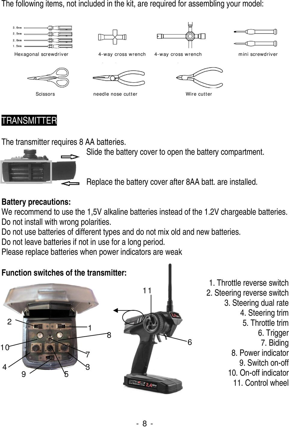 Battery precautions: We recommend to use the 1,5V alkaline batteries instead of the 1.2V chargeable batteries. Do not install with wrong polarities.