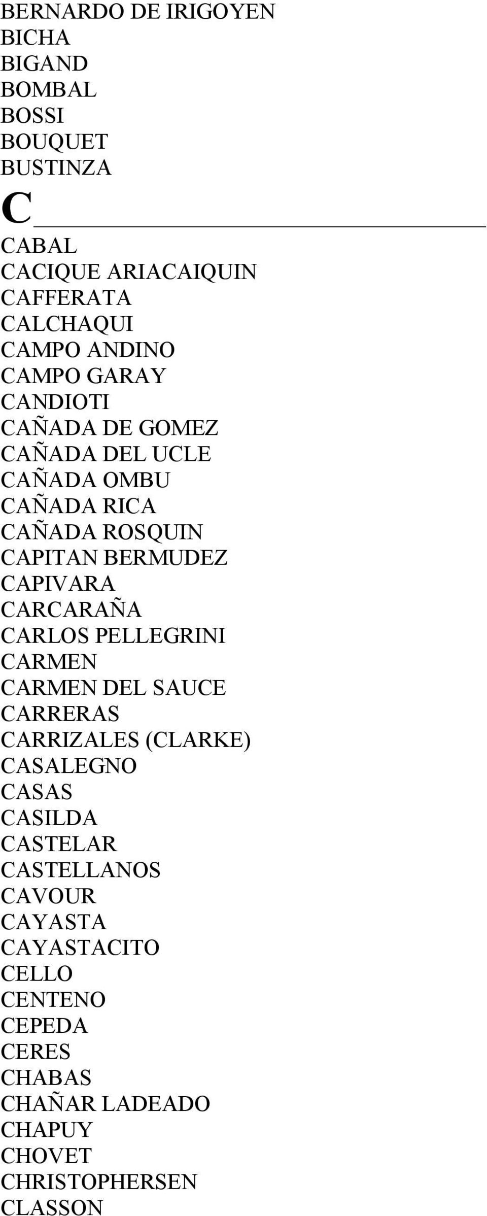 CAPIVARA CARCARAÑA CARLOS PELLEGRINI CARMEN CARMEN DEL SAUCE CARRERAS CARRIZALES (CLARKE) CASALEGNO CASAS CASILDA