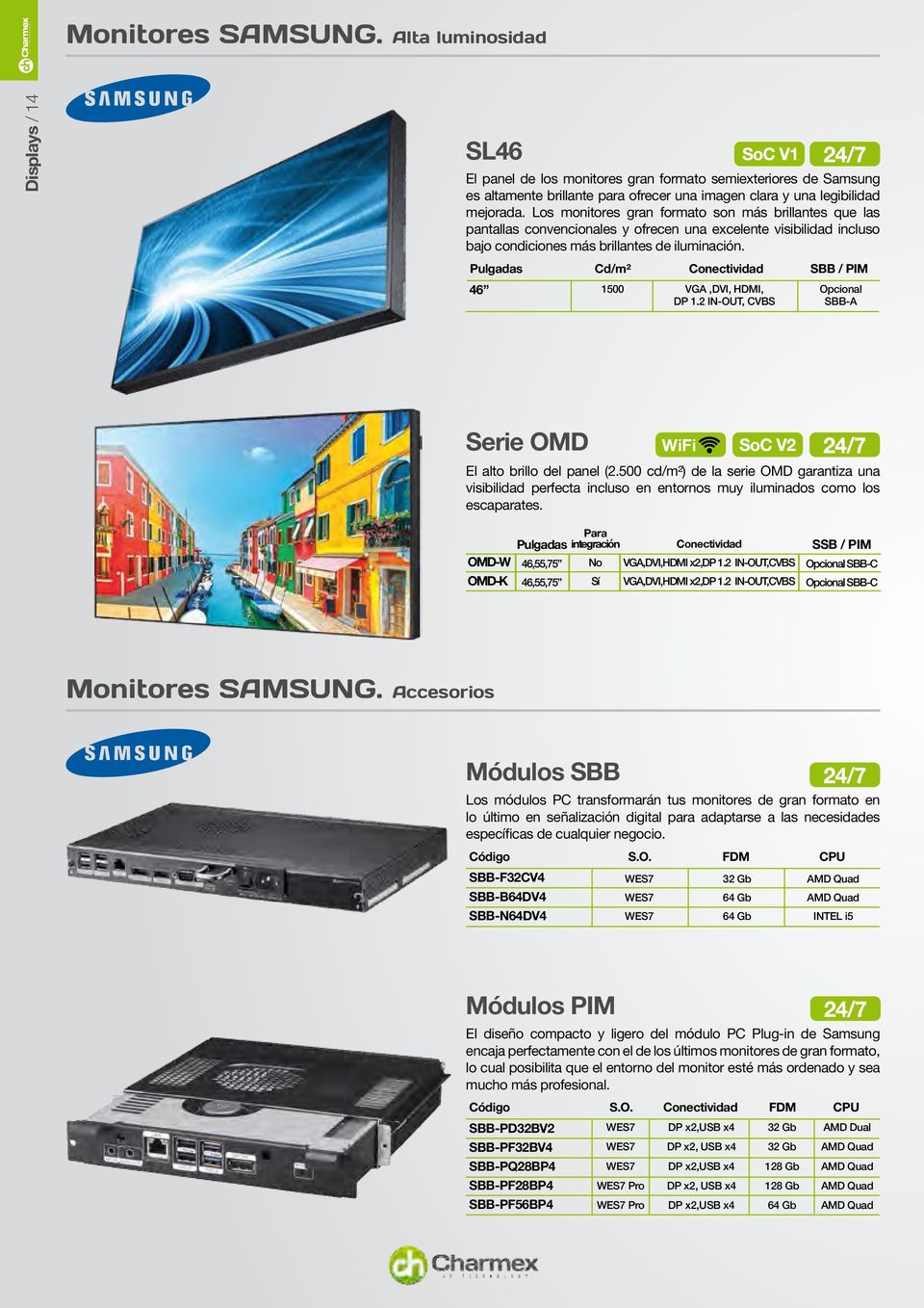 Pulgadas Cd/m² Conectividad SBB / PIM 46 1500 VGA,DVI, HDMI, Opcional DP 1.2 IN-OUT, CVBS SBB-A Serie OMD WiFi El alto brillo del panel (2.